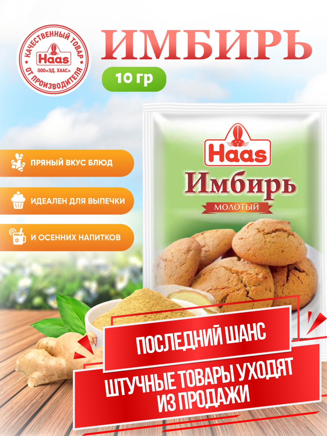 ХААС Имбирь молотый 10 гр, пряный вкус для кулинарии, выпечки, маринадов и коктейлей
