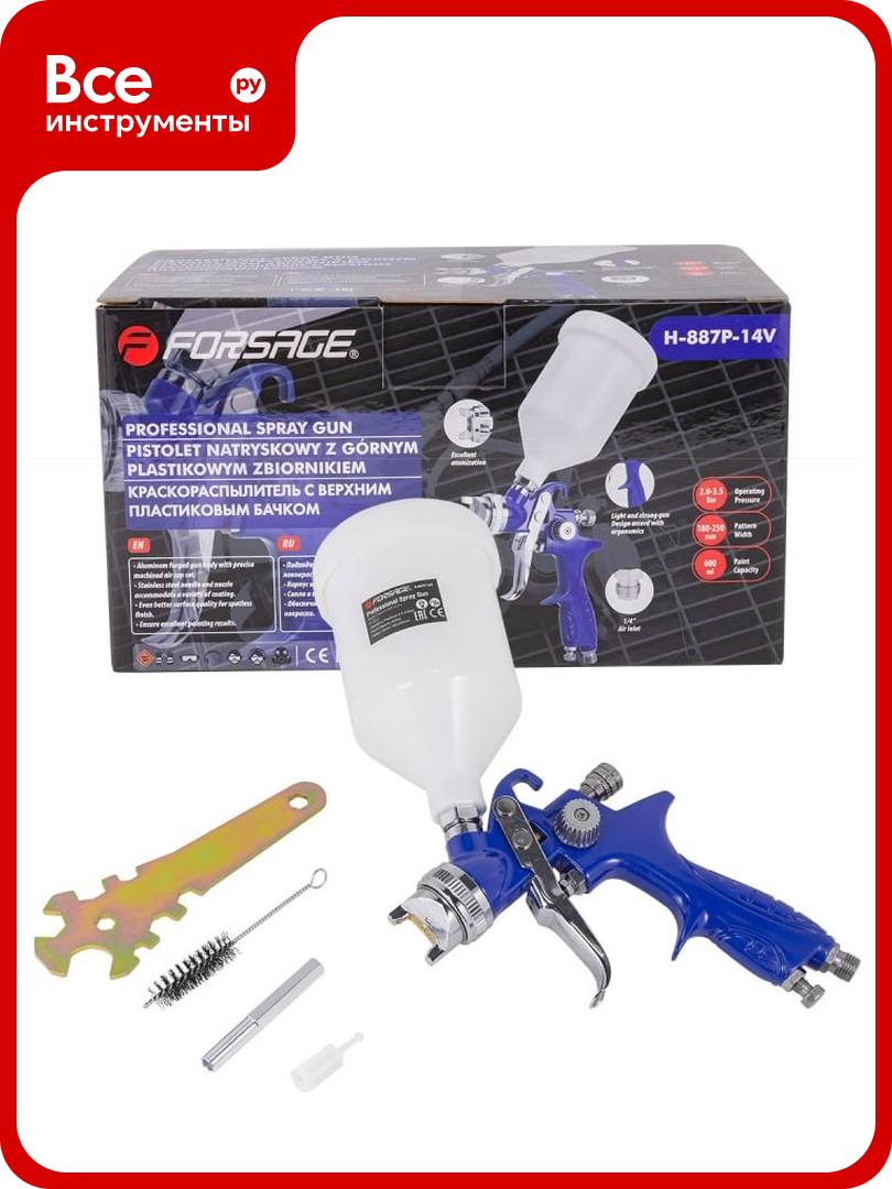 Краскораспылитель с верхним пластиковым бачком Forsage F-H-887P-14V 600мл 1.4мм 2.0-3.5 Bar 120-200л/мин 52248