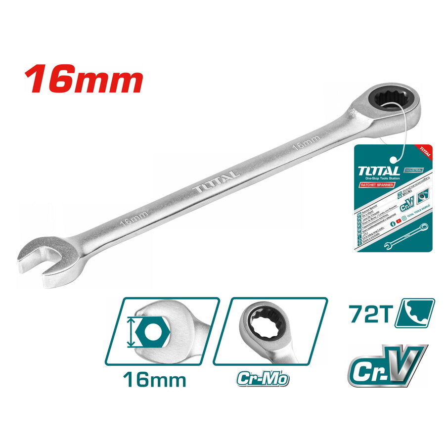 Гаечный ключ с трещоткой 16мм. из хромованадиевой стали TOTAL TCSPAR161