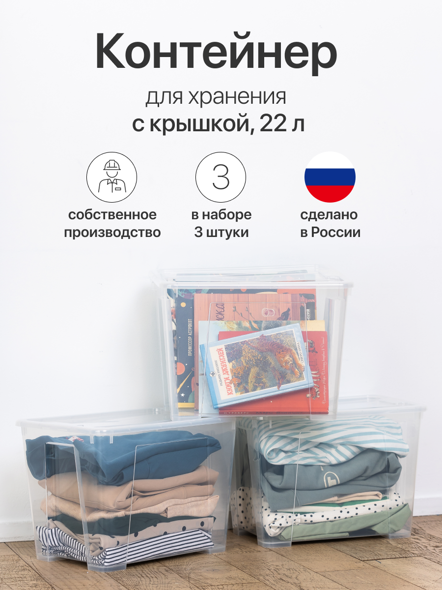 Контейнер для хранения 22л ящик для хранения вещей с крышкой прозрачный 3 штуки