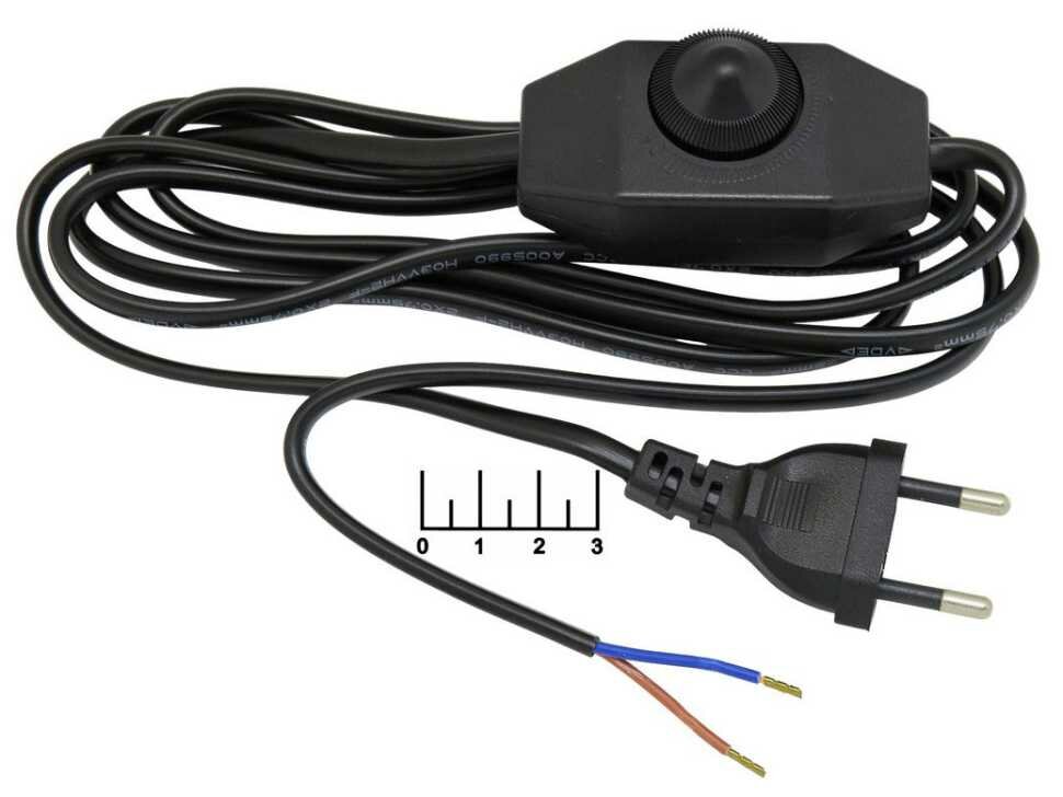 Шнур электрический без земли с диммером 200W 2м (вилка прямая/плоская) TDM (черный) (1305-0052)