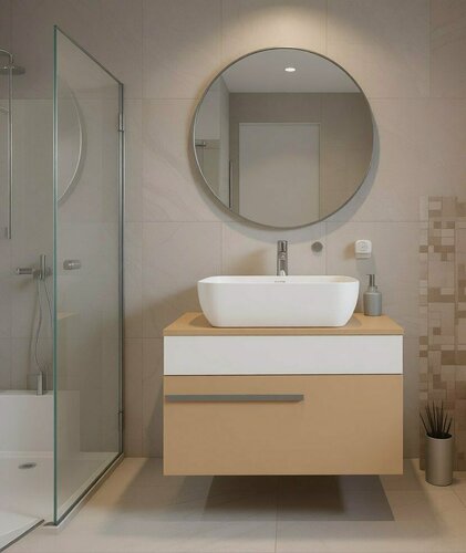 Изображение товара Мебель для ванной Вудлайн 65, белый-кремовый, раковина Квадра, зеркало Руан D65