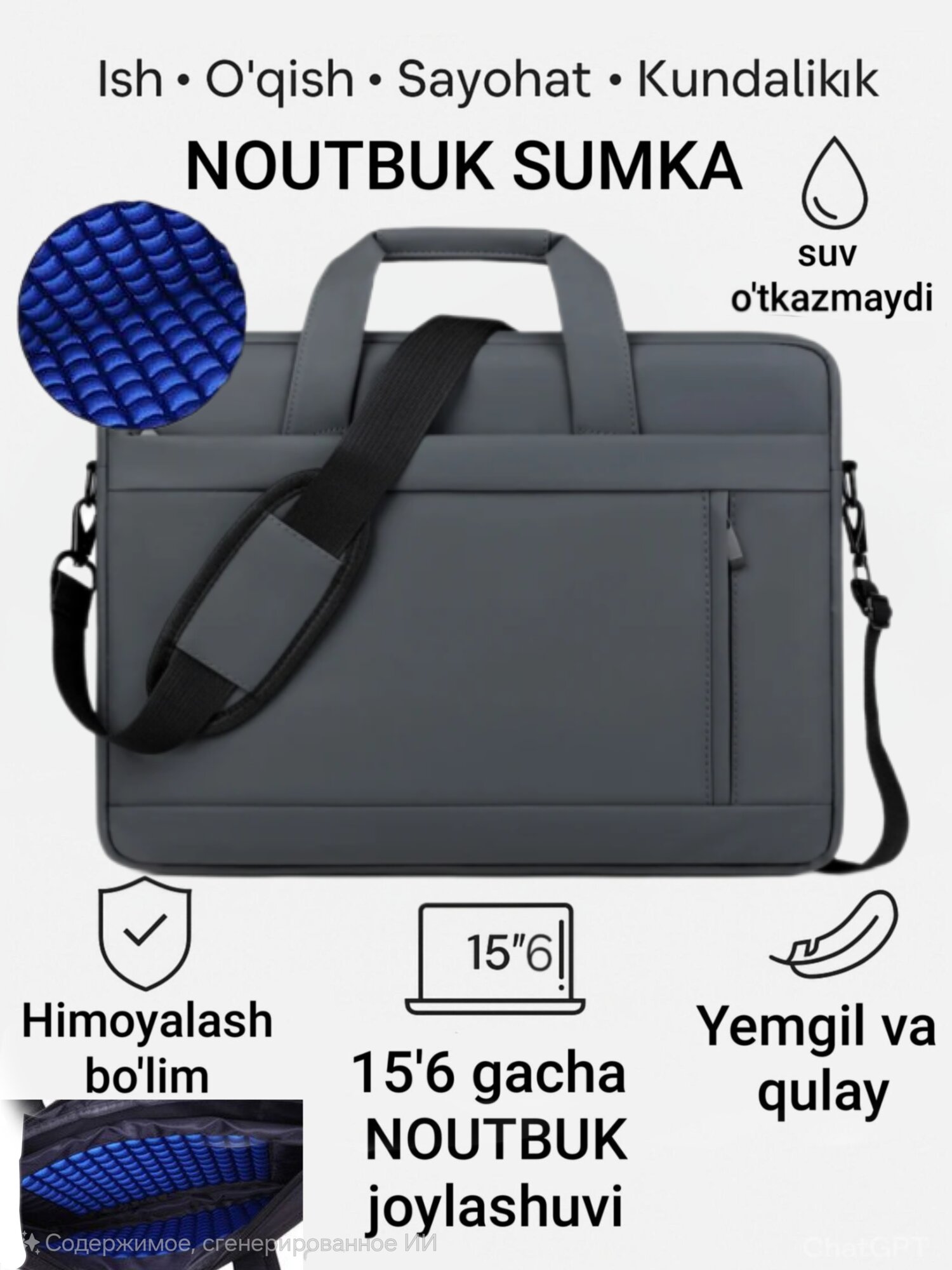 Сумка для ноутбука 15,6 дюйма — ударопрочная, с внутренней губкой, водонепроницаемая. Идеальный выбор для работы.