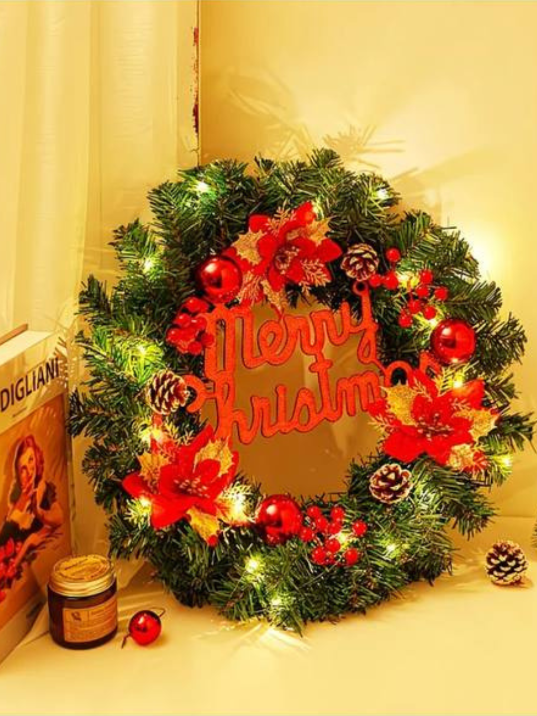 Новогодний светящийся венок 38 см для двери, окон и праздничного декора
