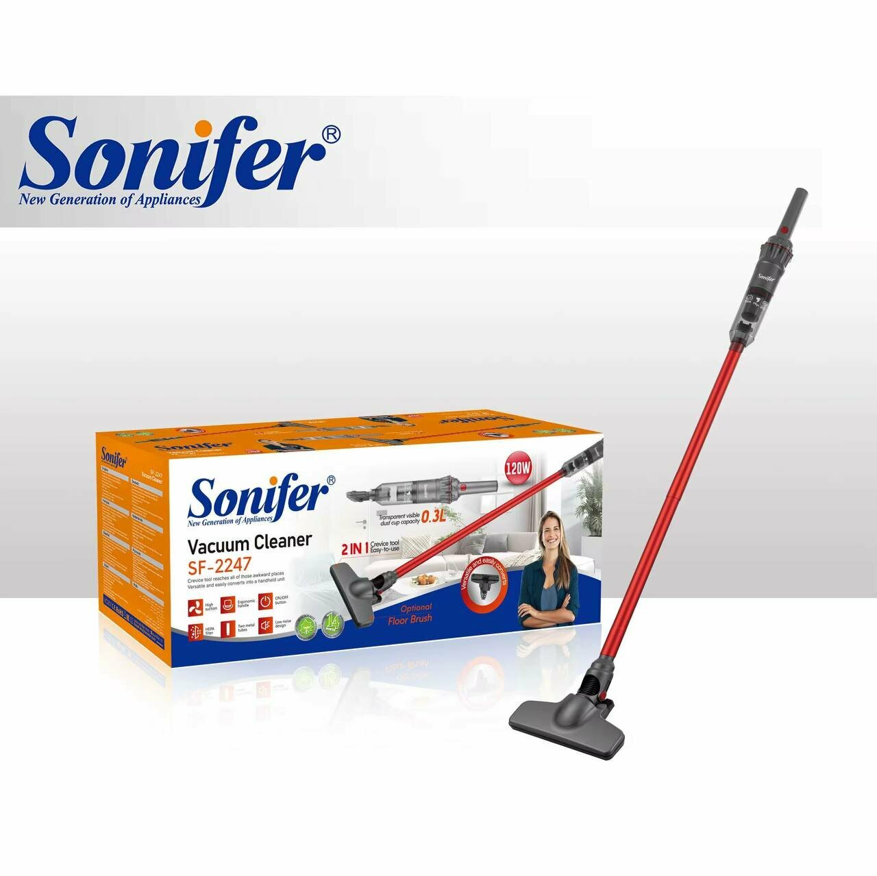 Вертикальный беспроводной пылесос Sonifer SF-2247, 2в1, 0.3 л, HEPA