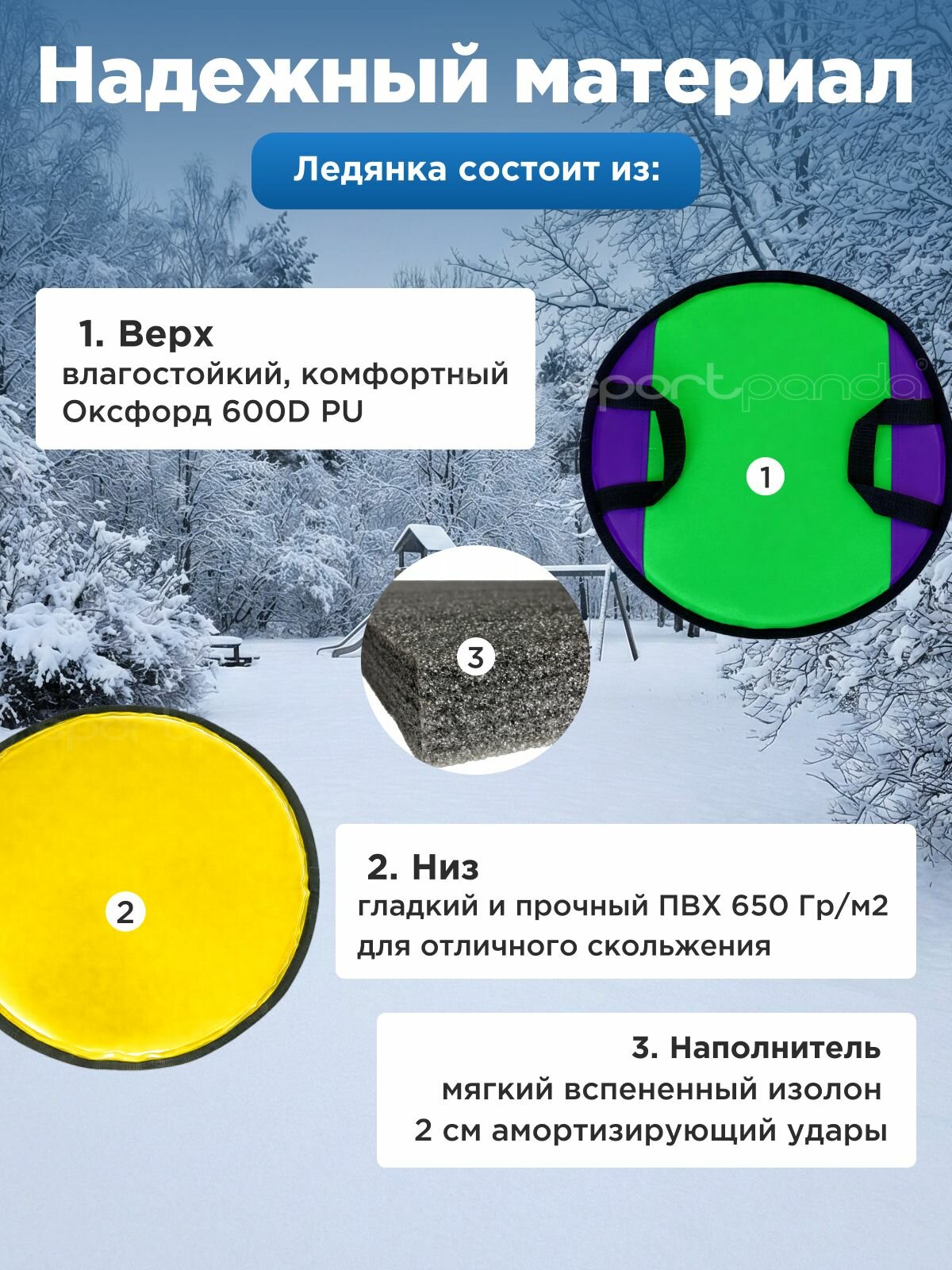 Ледянка-санки SportPanda, 40х40, с ручками, морозостойкий, круглые — фото 1