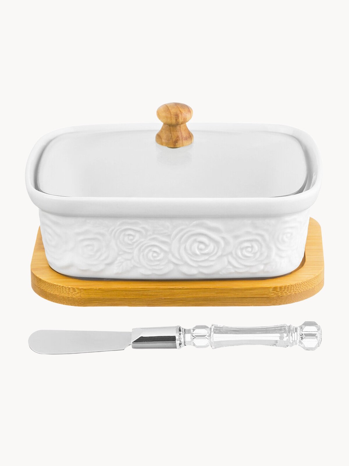 Паштетница Elan Gallery "Розы" 14,5х11х9 см 330 мл, со стеклянной крышкой, на деревянной подставке, с ножом