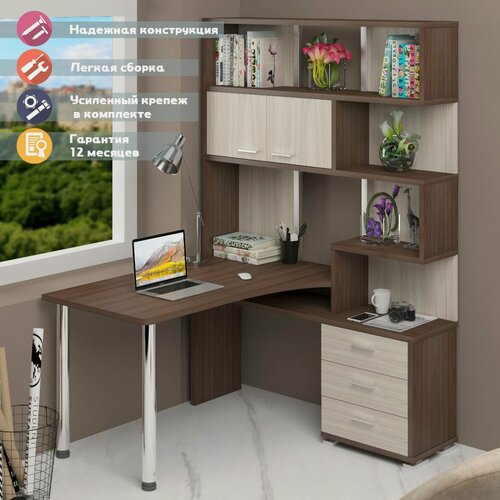Изображение товара Стол компьютерный Мэрдэс СР-420/130 шкш-прав Шамони/Карамель/Шамони, угловой, с ящиками, с полками, 130 х 130 х 199 см