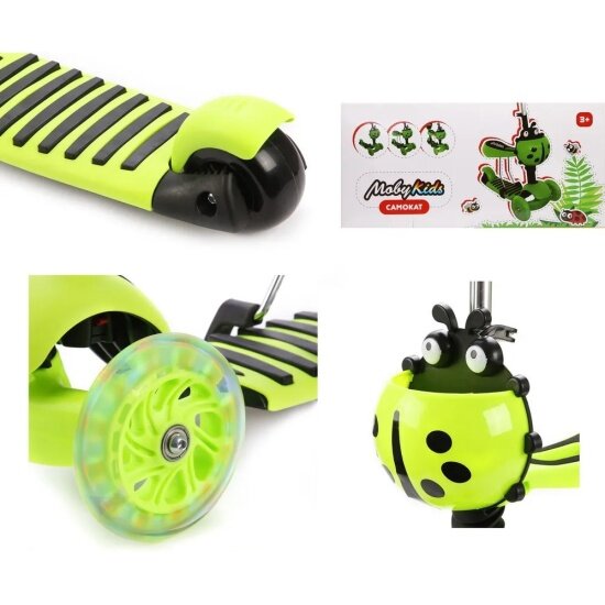 Самокат Moby Kids Божья коровка 3 в 1 со светом, зеленый — фото 1
