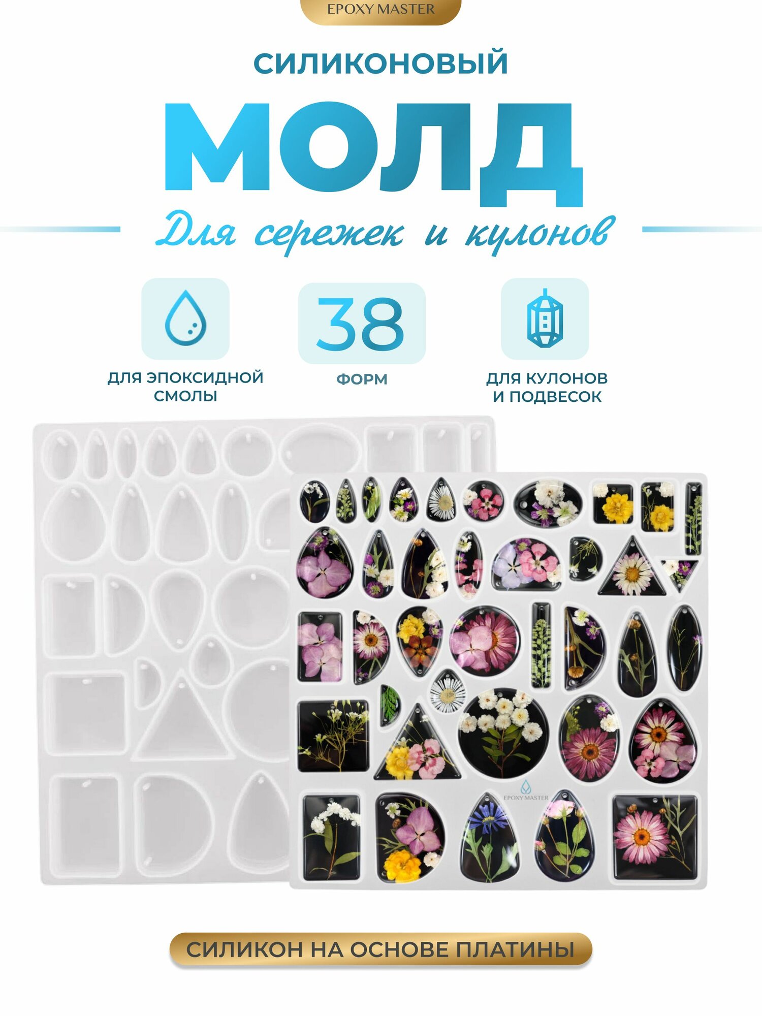 Силиконовый молд для эпоксидной смолы EPOXYMASTER для сережек и кулонов, 23х23см