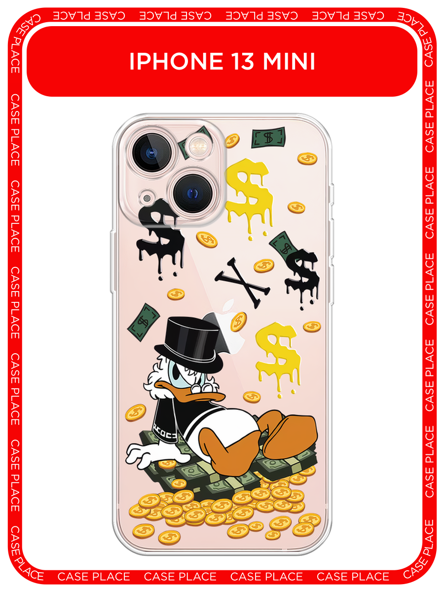 Чехол на Apple iPhone 13 mini / Айфон 13 мини с принтом Скрудж Макдак среди денег, прозрачный