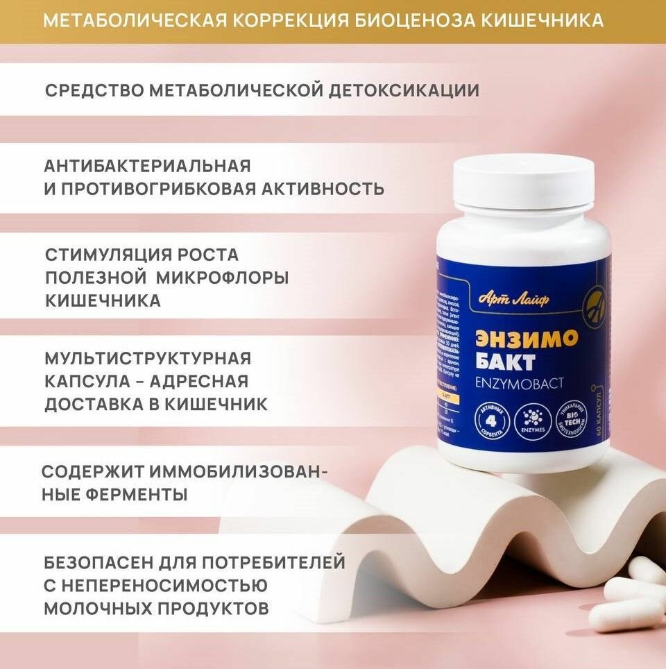Противогрибковые Препараты Широкого Спектра БАД Арт Лайф Энзимобакт 60 капсул (массой 770мг). Противомикробное, противогрибковое средство с сорбционным и регенерирующим действием