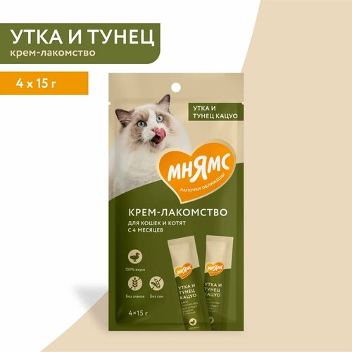 Крем-лакомство для кошек Мнямс Нежное пюре из утки и тунца Кацуо, 3 уп х 60 гр (12 стиков по 15 гр)
