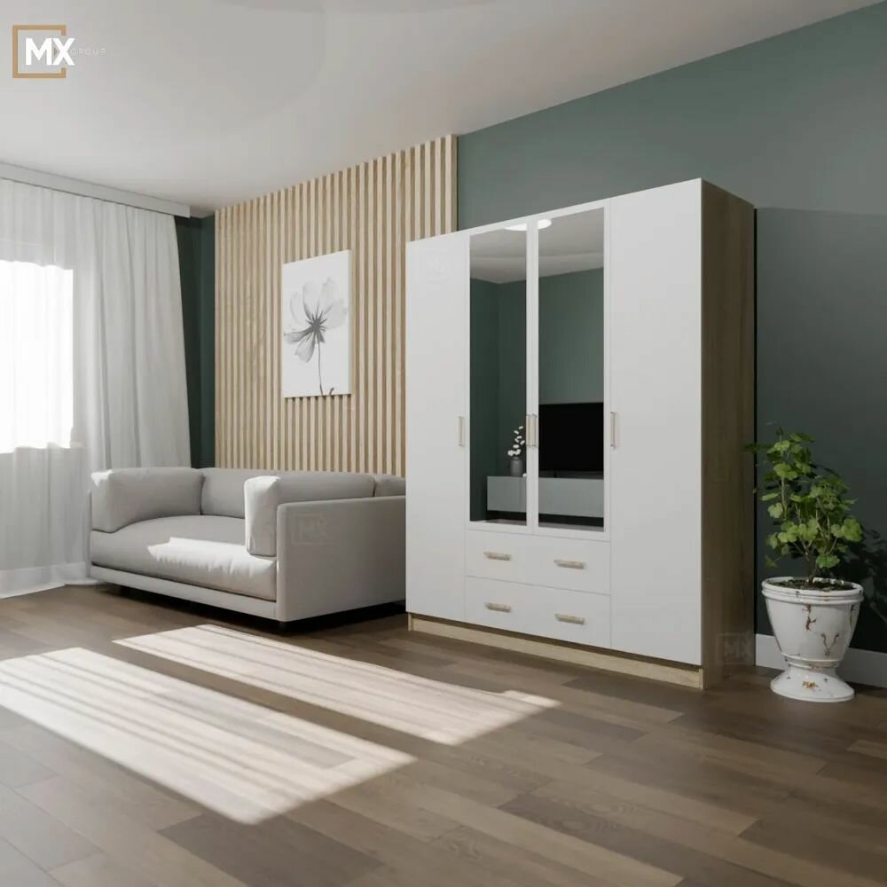 Шкаф распашной Space четырехдверный Дуб сонома/Белый ЛДСП с зеркалами штангой полками ящиками для прихожей спальни гостиной 1600х1980х510