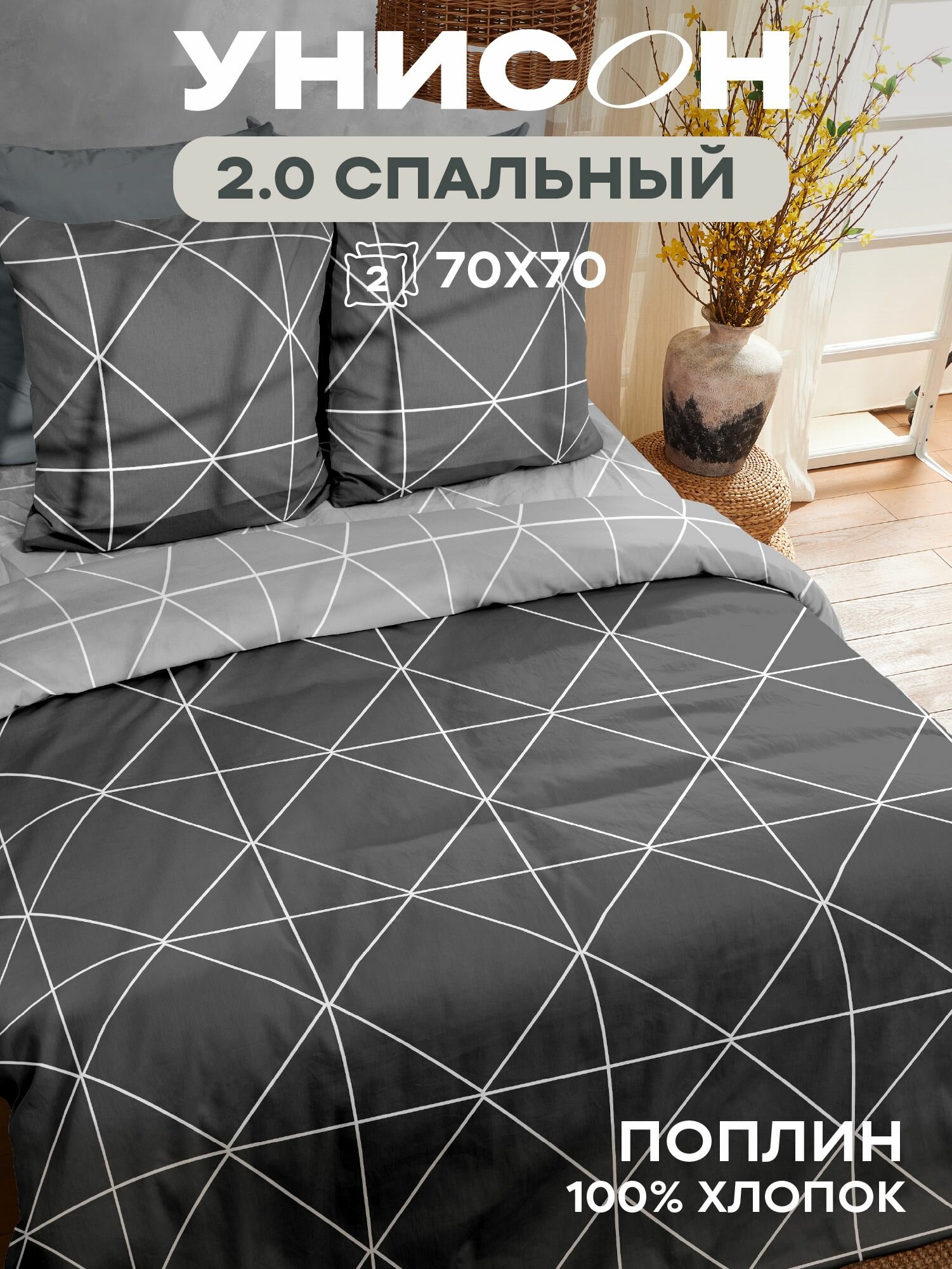 Унисон Комплект постельного белья, Поплин, 2х спальный, нав. 70х70, Pure Geometry