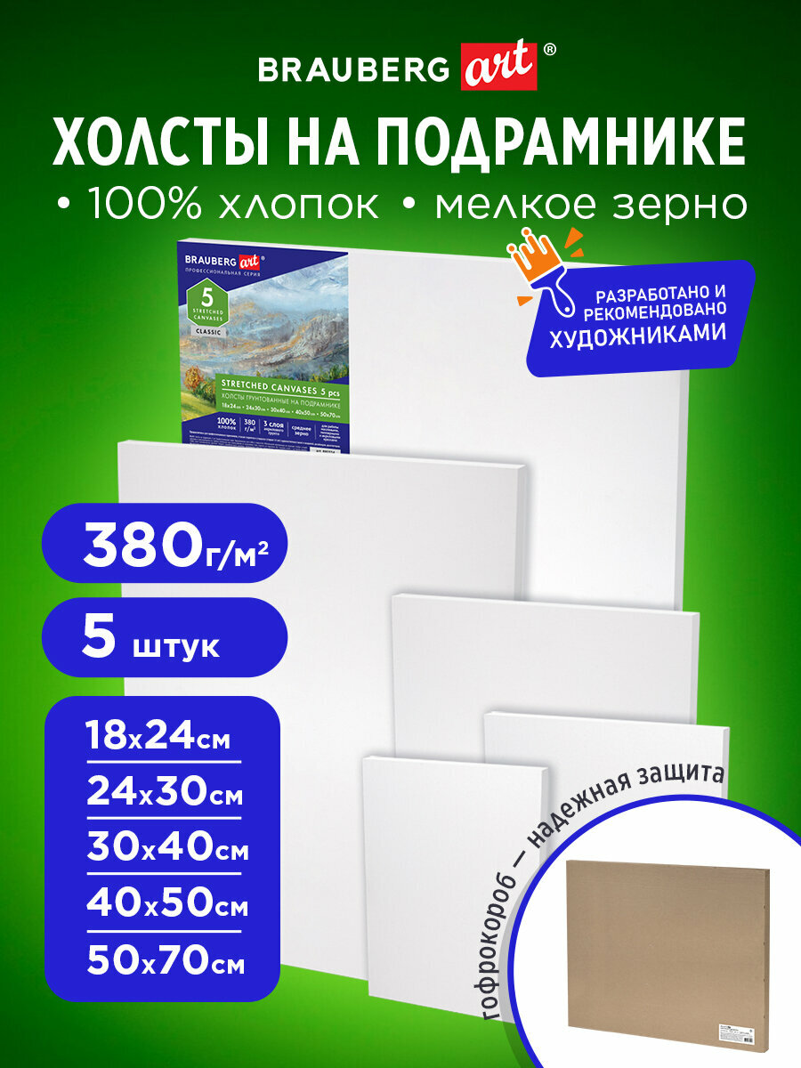 Холсты на подрамнике в коробе, Набор 5 шт. (18х24 см, 24х30 см, 30х40 см, 40х50 см, 50х70 см) 380 г/м2, хлопок, Brauberg Art Classic, 880334