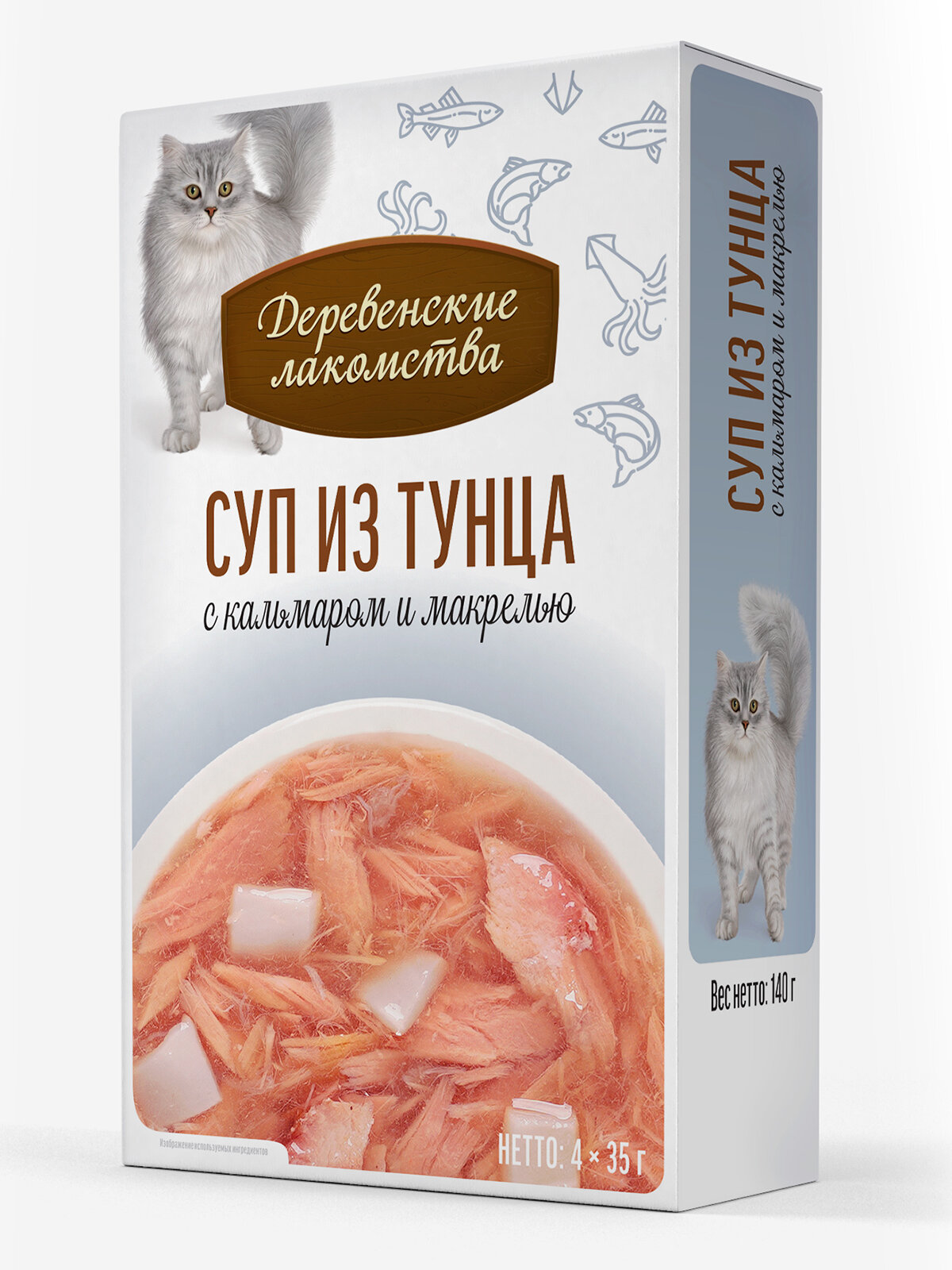Деревенские лакомства Суп лакомство для кошек Тунец кальмар и макрель 35 г. х 4 шт.