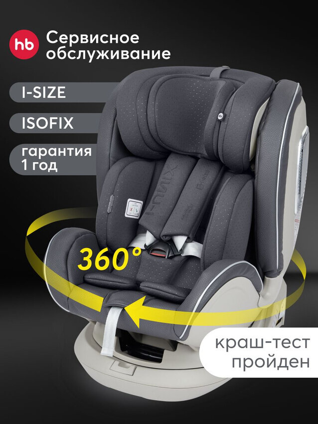 Автокресло детское от 0-12 лет, поворот на 360, I-Unix Happy Baby, группа 0+/1/2/3 (0-36 кг), экокожа, графитовый