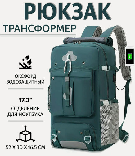 Изображение товара Рюкзак-трансформер городской с отделением для ноутбука и внешними карманами, цвет сине-зелёный