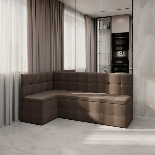 Изображение товара Диван кухонный угловой "Домино" D@E Factory со спальным местом, рогожка Саванна шоколад, угол универсальный