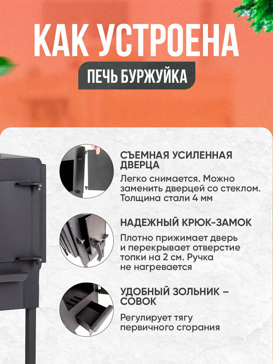 Печь камин Буржуйка дровяная отопительная 50 м2 с конфоркой и варочной поверхностью для дома/бани/палатки — фото 1