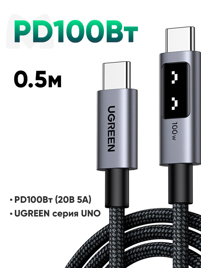Кабель UGREEN L509 UNO USB-C 2.0 (m) - USB-C 2.0 (m) Robot, 5A, 0,5м, черный/серый (45612) — фото 1