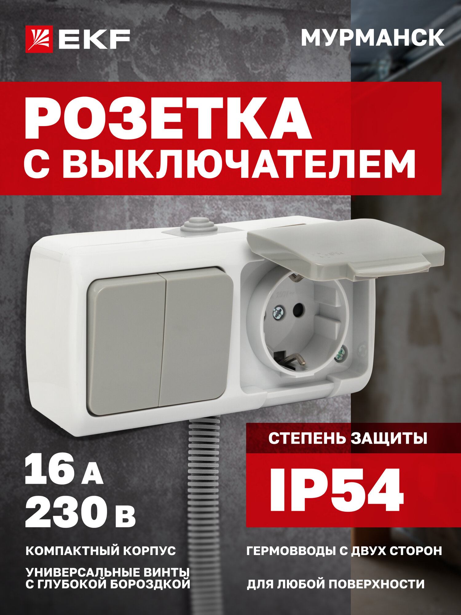 Розетка с выключателем двухклавишным EKF 16А IP54 уличный (под навесом) серый коллекция Мурманск