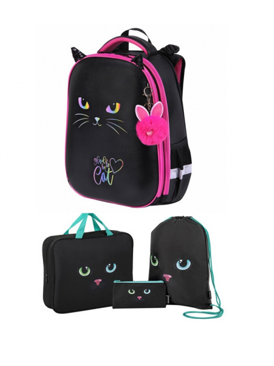 Школьный ранец для девочки Brauberg "Glad to be cat" (271382) + папка А4 + мешок для обуви + пенал-косметичка (271434)