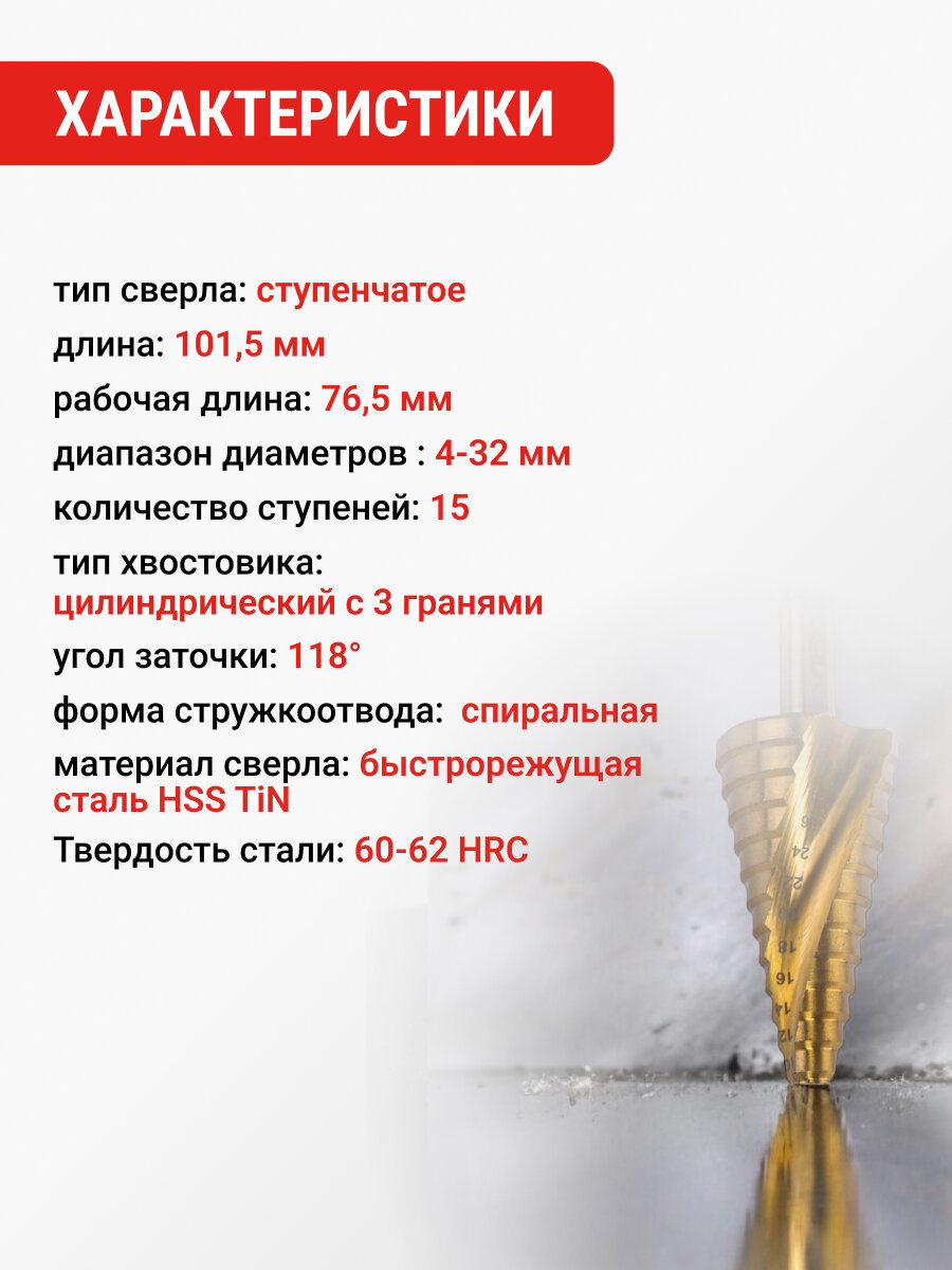 Сверло ступенчатое спиральное TiN с трёхгранным хвостовиком 4-32 мм VIRA — фото 1
