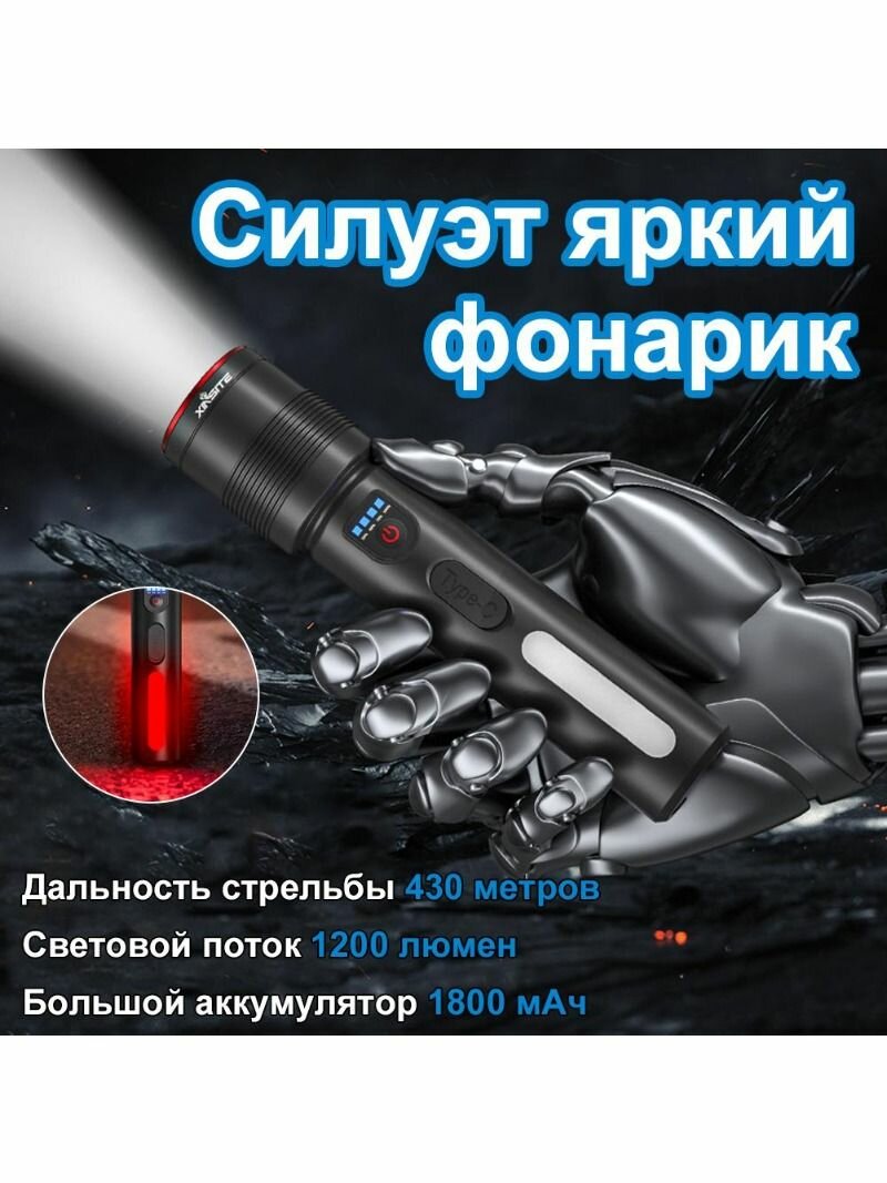 Фонарь аккумуляторный прожектор тактический мощный ручной светодиодный на батарейках туристический лазерный походный карманный на аккумуляторе яркий луч.