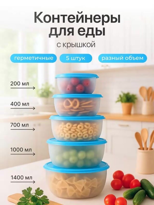 Контейнер для еды Редда, набор контейнеров с крышками, герметичный, ланч-бокс, голубой, 5 штук — фото 1