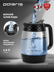 Электрочайник Polaris PWK 1809CGL, металл/стекло, 2200 Вт, черный