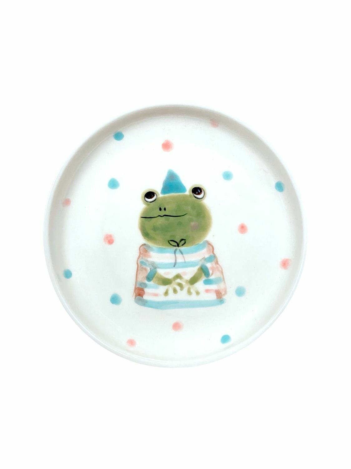 Тарелка ручной работы с бортиком Лягушка в колпаке, белая, фарфор, 13 см