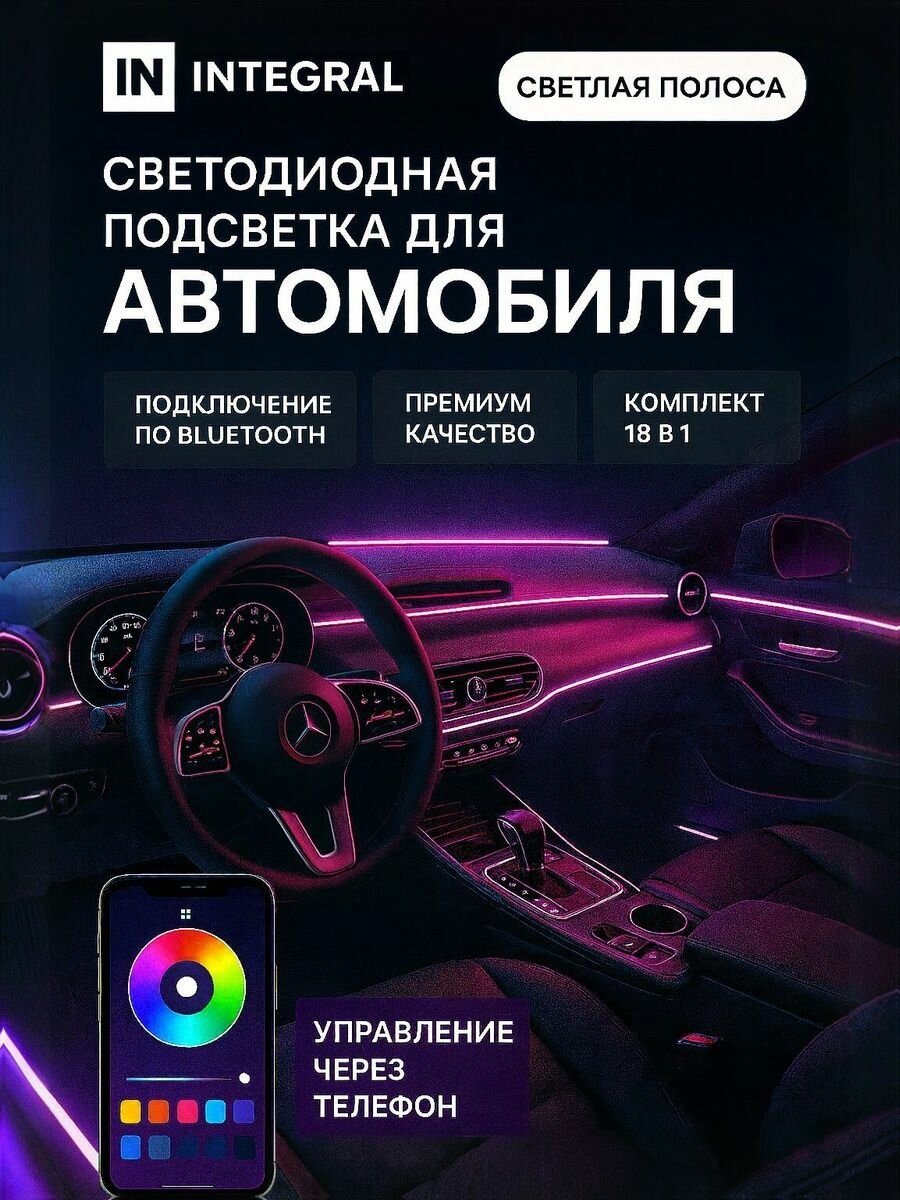 Подсветка салона автомобиля Ambient Light RGB контурная амбиентная, светодиодная лента для автомобиля, управление через телефон, 18 в 1