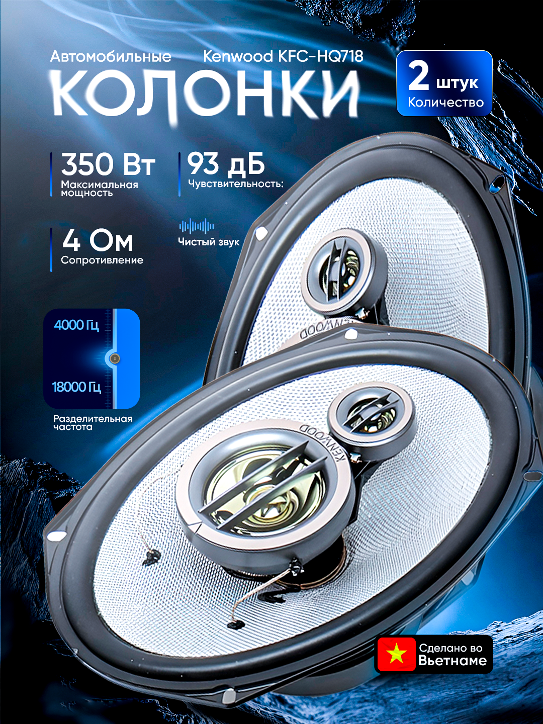 Автомобильная акустика - Kenwood KFC-HQ718 мощный бас и чистый звук, 320 В, 2 штук