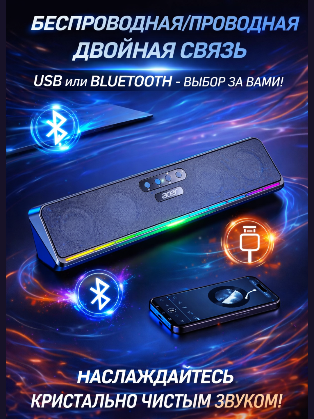 Саундбар Acer OSK217, стерео, Bluetooth, RGB-подсветка, черный