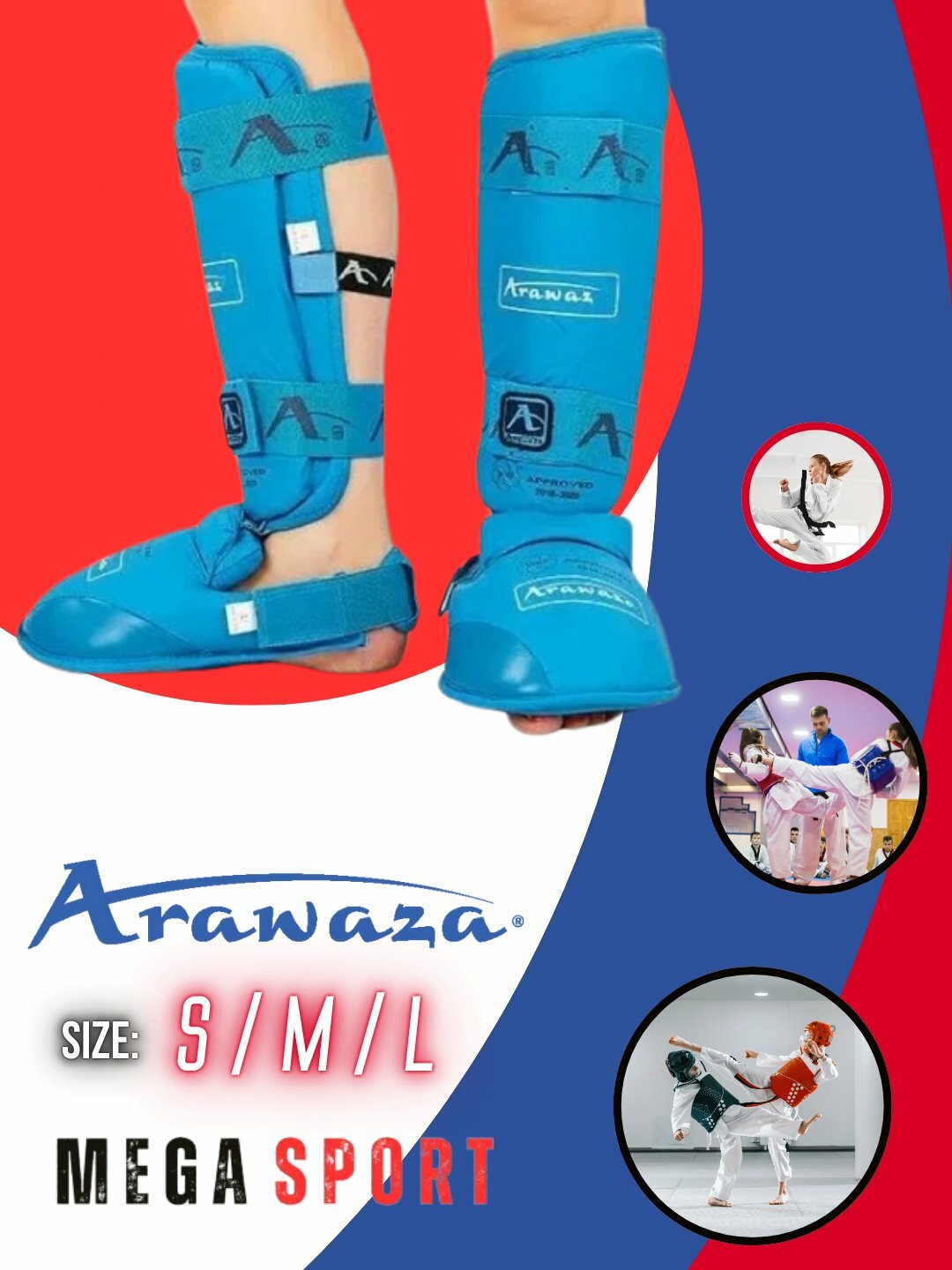 Щитки для ног и голени Arawaza – для каратэ и тхэквондо, красные/синие, размеры S/M/L/XL