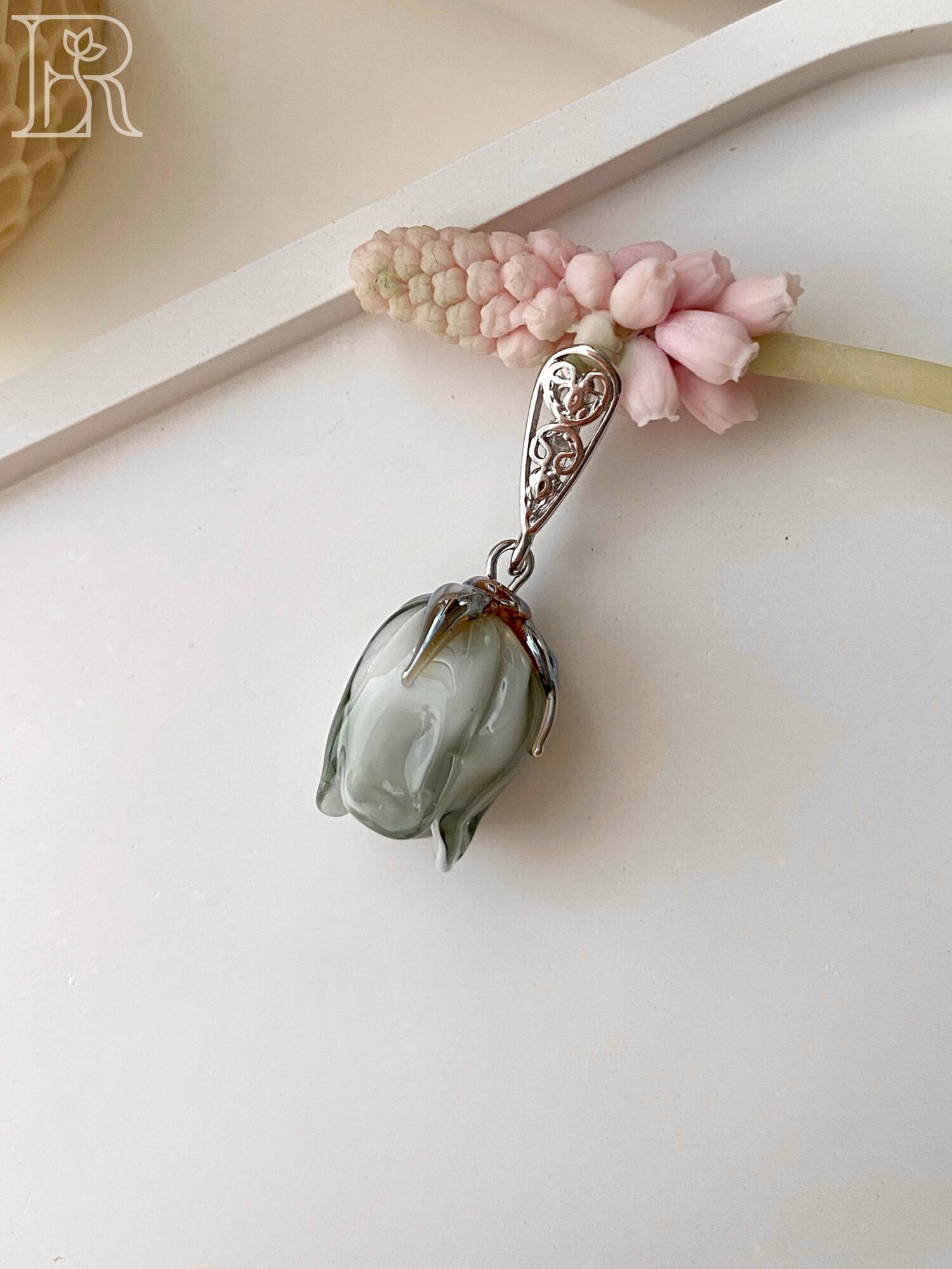 Подвеска LEFIREL', серебро, 925 проба, родирование, муранское стекло, размер 3.7 см., серый