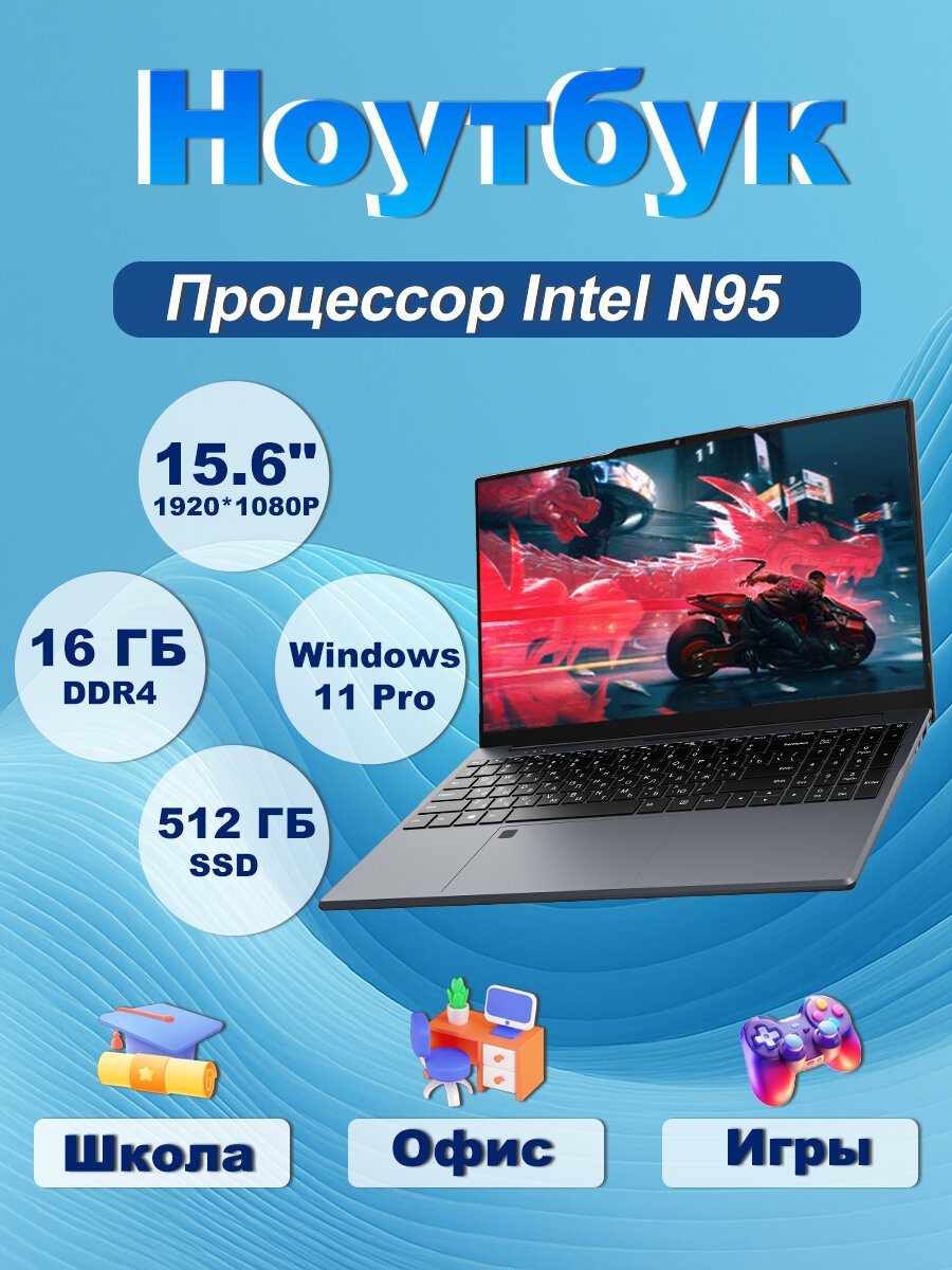 Ноутбук Ninkear N15 Air 15,6" IPS FHD Intel N95 16 ГБ DDR4 RAM/512 ГБ SSD Windows 11 Pro