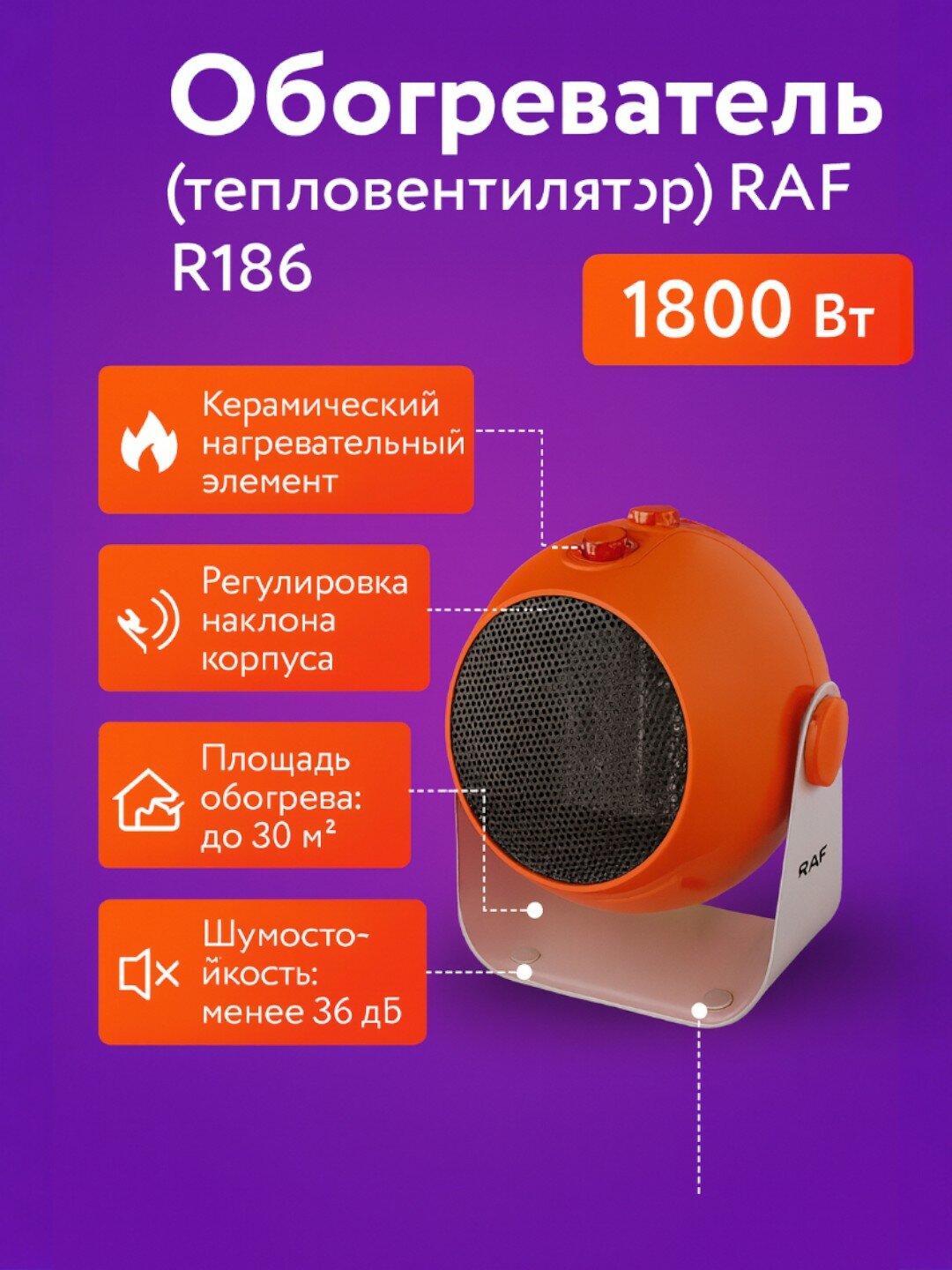 Керамический обогреватель (тепловентилятор) RAF R1186, с регулировкой наклона, 1800 Вт — фото 1