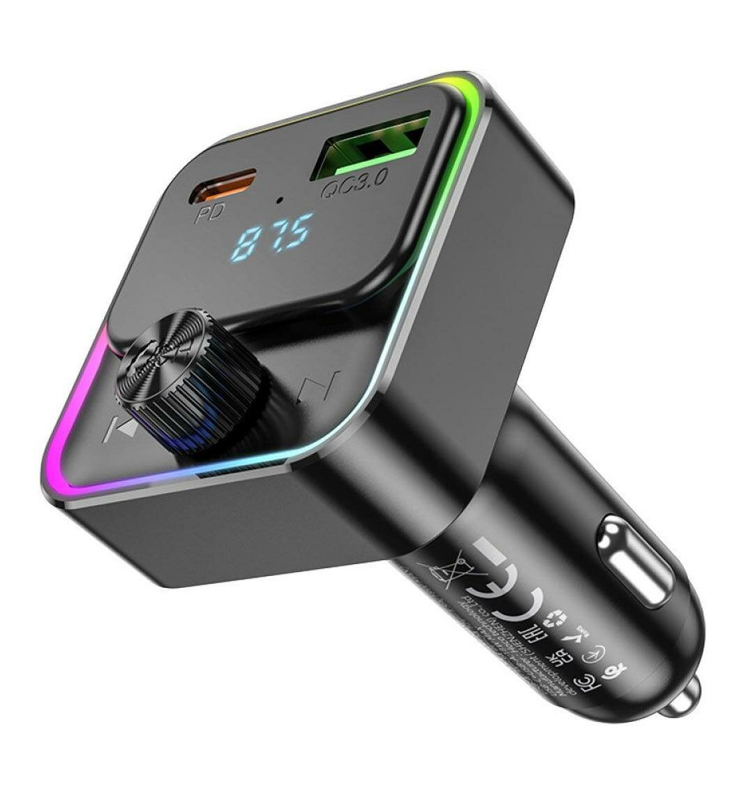 FM модулятор (ФМ трансмиттер) с быстрой зарядкой (USB+Type-C) 30W (с подсветкой), Hoco E81