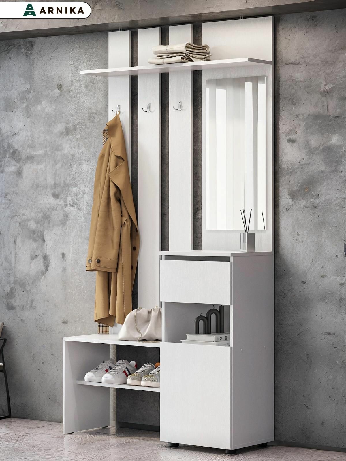 ARNIKA Вешалка с зеркалом в прихожую 100х34.8х200см белый лдсп