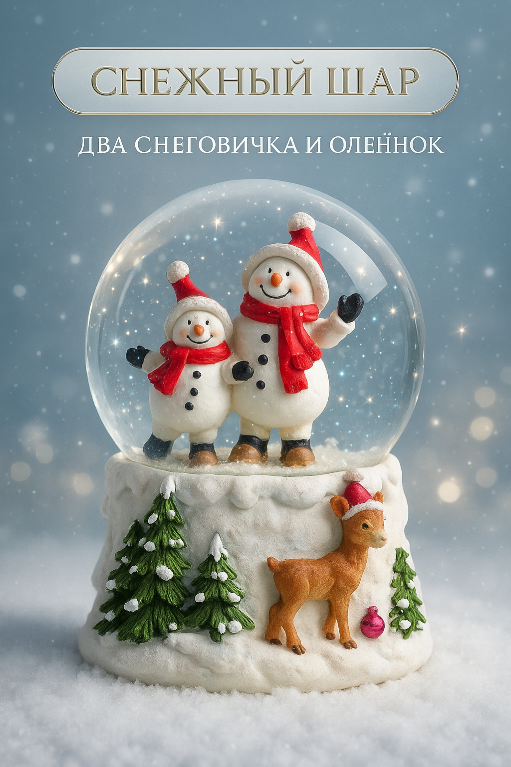 Снежный шар новогодний стеклянный "Два снеговичка и оленёнок" музыкальный размер 11×10×14 см