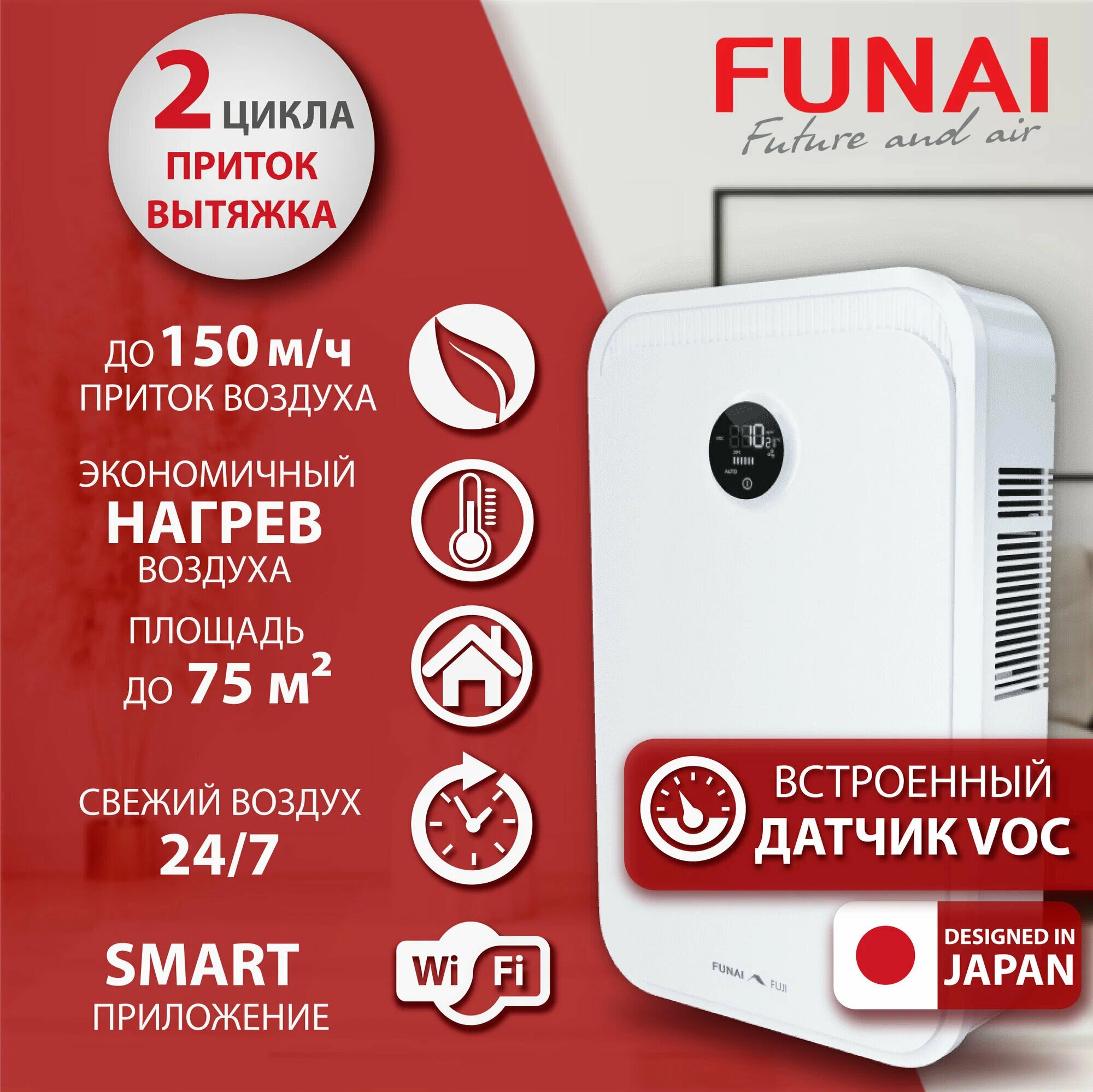 Бризер, рекуператор FUNAI FUJI ERW-150 XP, белый, очиститель воздуха настенный, площадь обслуживания 50 кв. м
