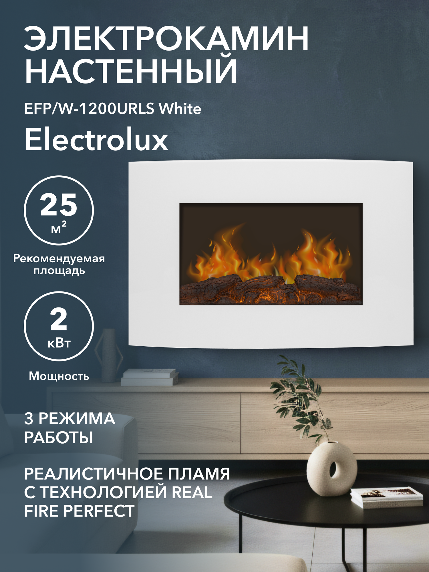 Электрокамин Electrolux EFP/W-1200URLS White