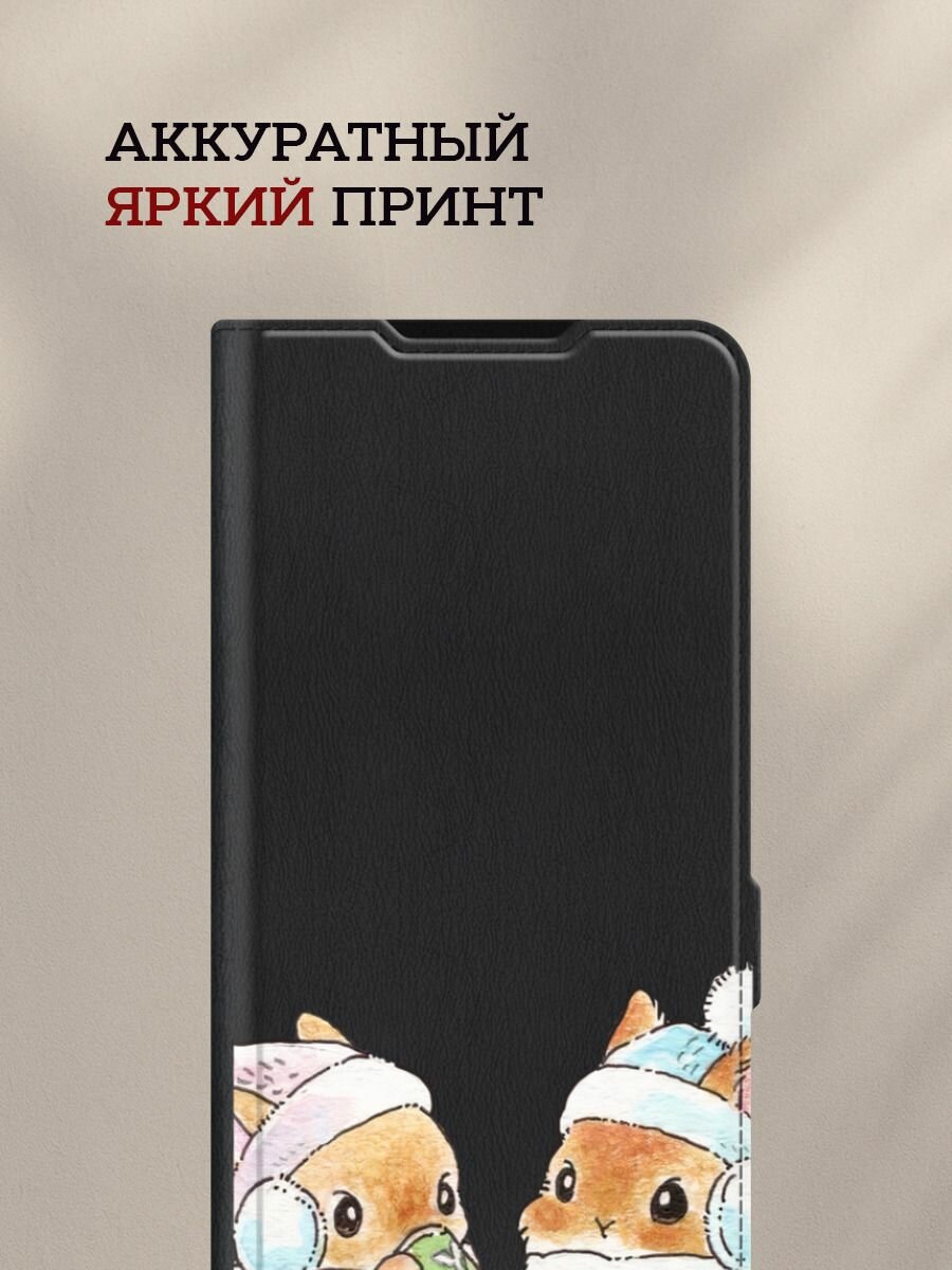 Чехол-книжка на Samsung Galaxy A17 / Самсунг А17 с рисунком Зимние кролики, черный — фото 1