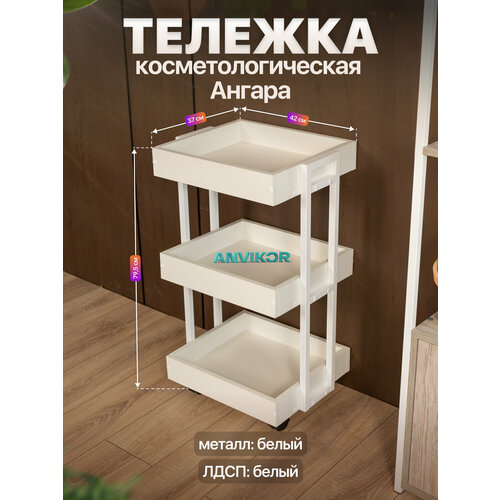 фото Тележка косметологическая трехъярусная с бортиками на колесиках лофт ангара белый/белый anvikor