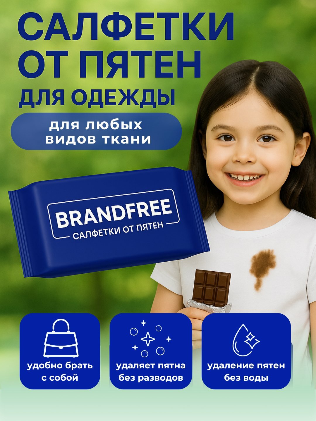 Влажные салфетки BRANDFREE, для удаления пятен с белых и цветных тканей, без хлора и аммиака, 8 шт