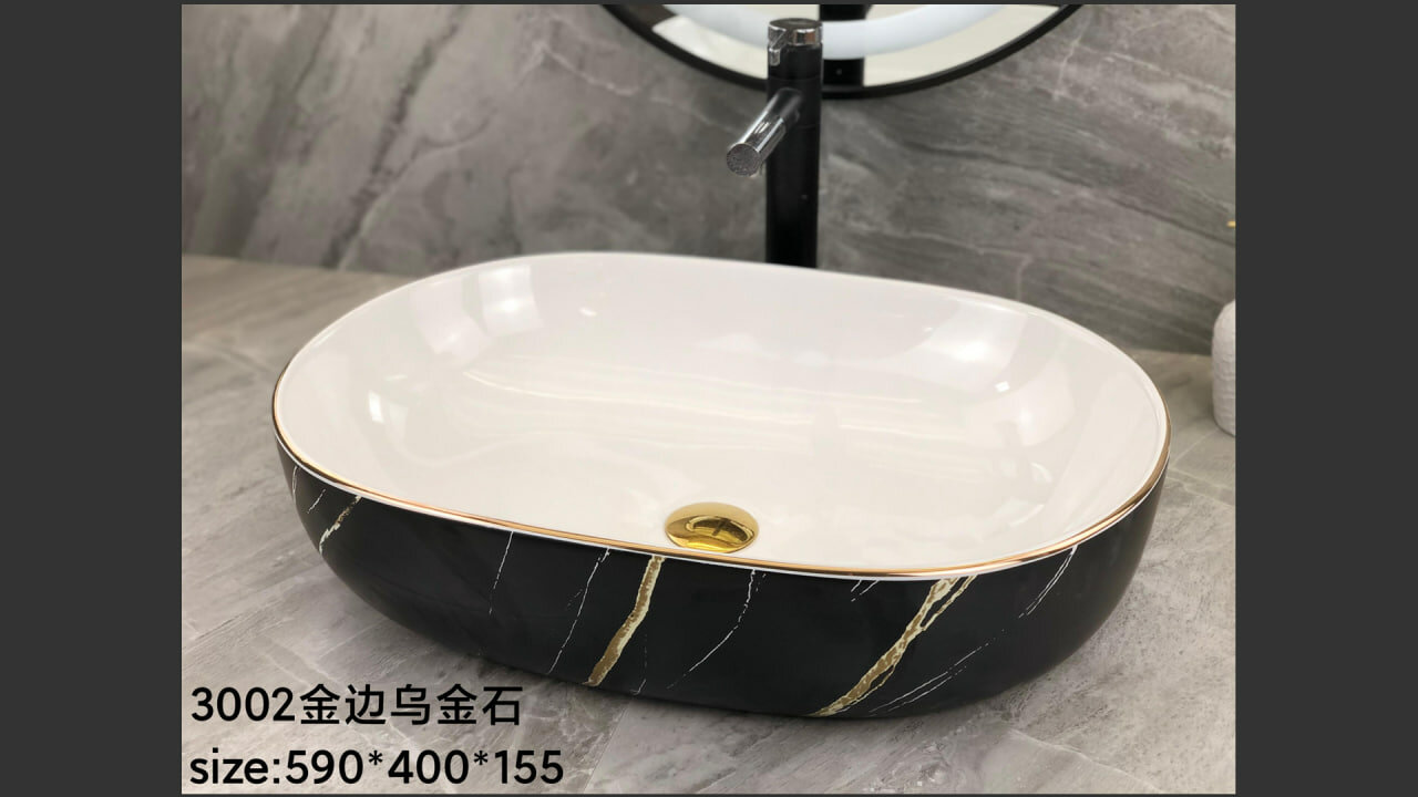 Раковина накладная OSSO 836 BLACK MARBAL, керамическая, овальная, белый, для ванной комнаты