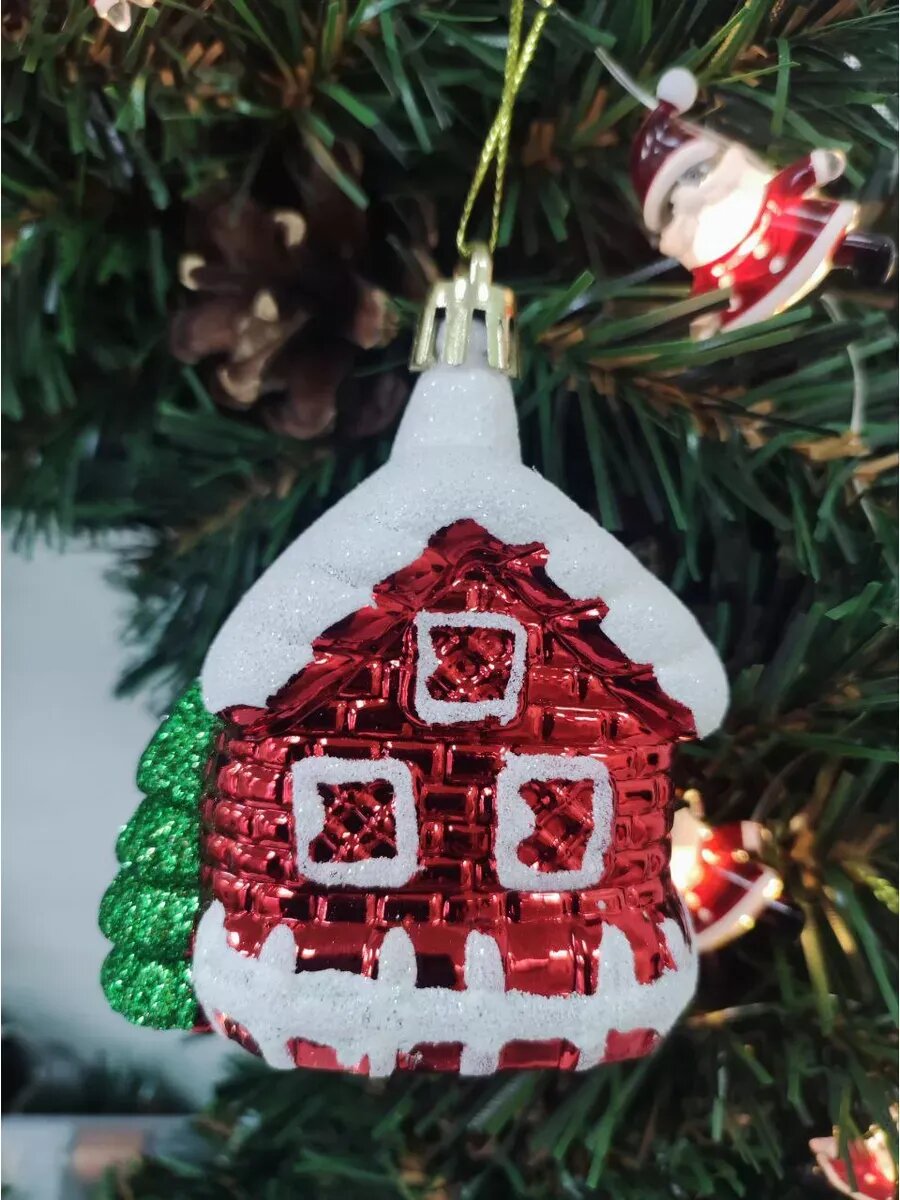 Елочные игрушки Сфера "Домик", пластик, красные, 7 см, в подарочной упаковке, 2 шт.